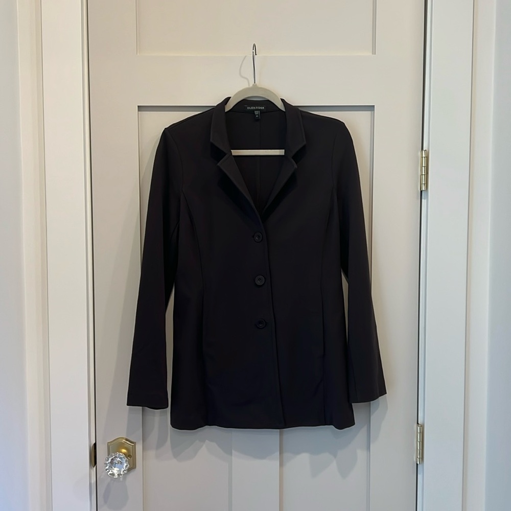 Eileen Fisher dark brown chocolatete cardigan / collared thin coat.